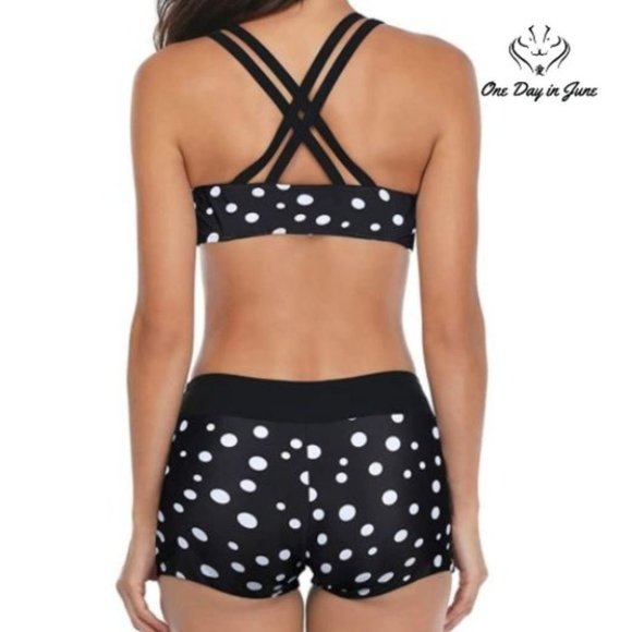 NWOT Yonique SM Black & White Polka Dot 3 Piece Tankini - Picture 3 of 16